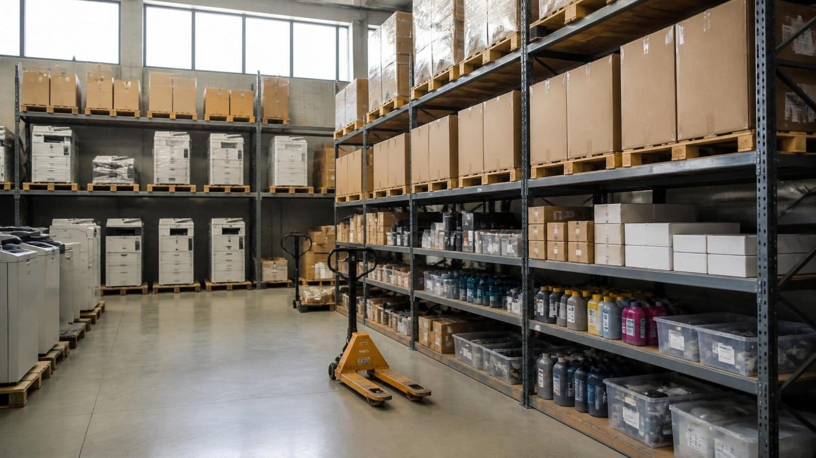Almacén de Grup NEO en Badalona con fotocopiadoras, consumibles y piezas