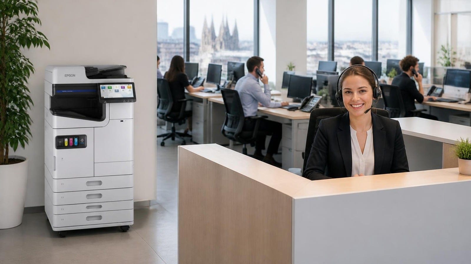 Oficina en Barcelona con recepcionista y equipo atendiendo llamadas, con una Epson AM-C4000 – Grup NEO